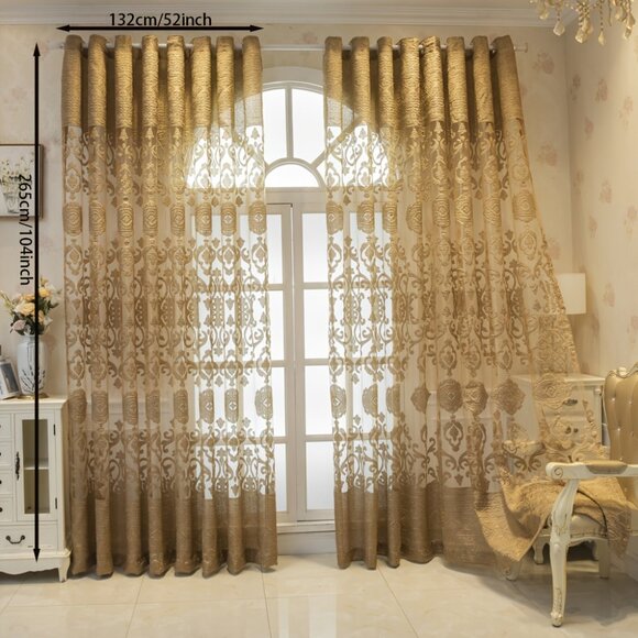 2Panels Vintage Luxe Golden Jacquard Sheer Curtains With Grommet Top - Picture 12 of 12